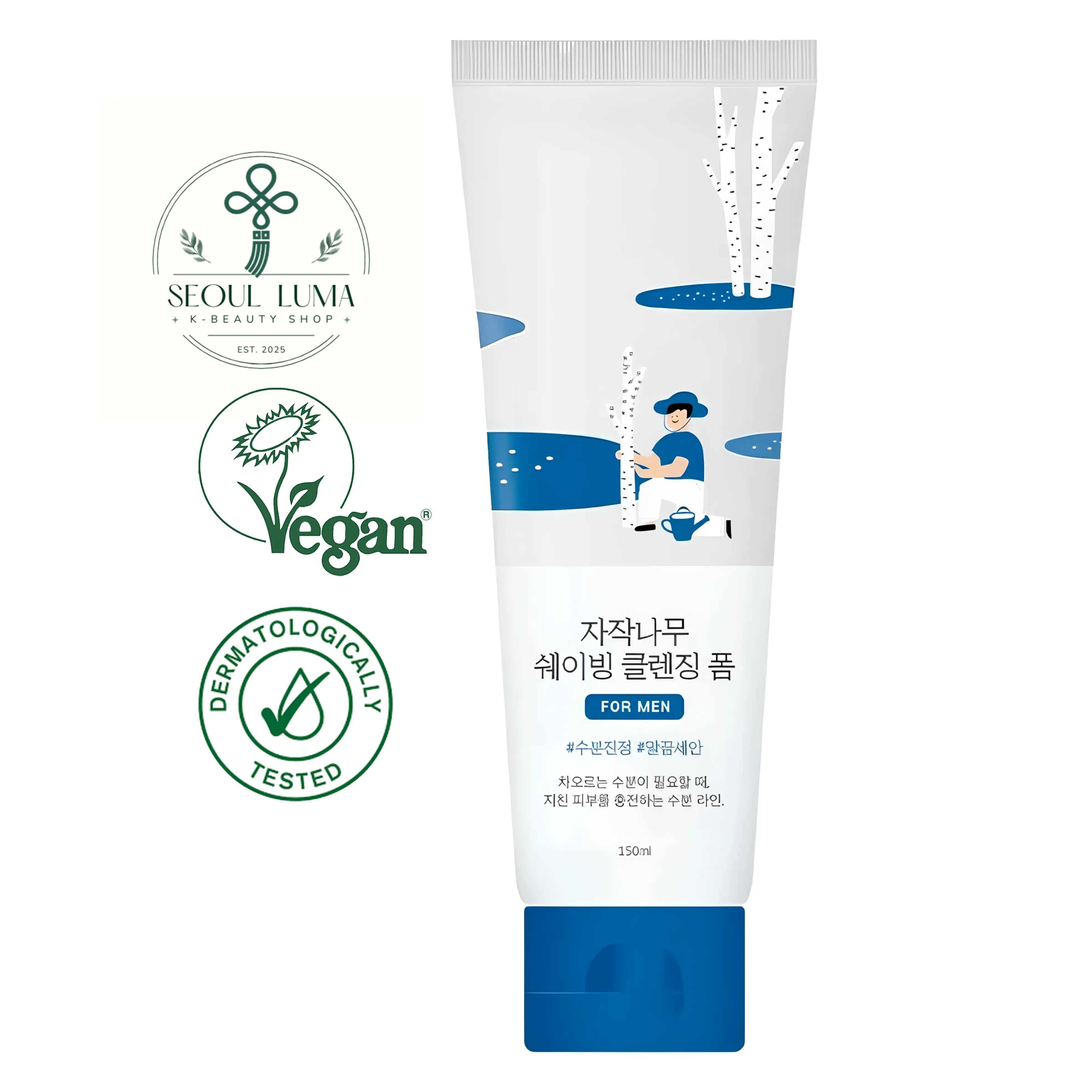 ROUND LAB Birch Shaving Cleansing Foam For Men with 10,000ppm birch sap and amino acid surfactants for gentle cleansing and shaving